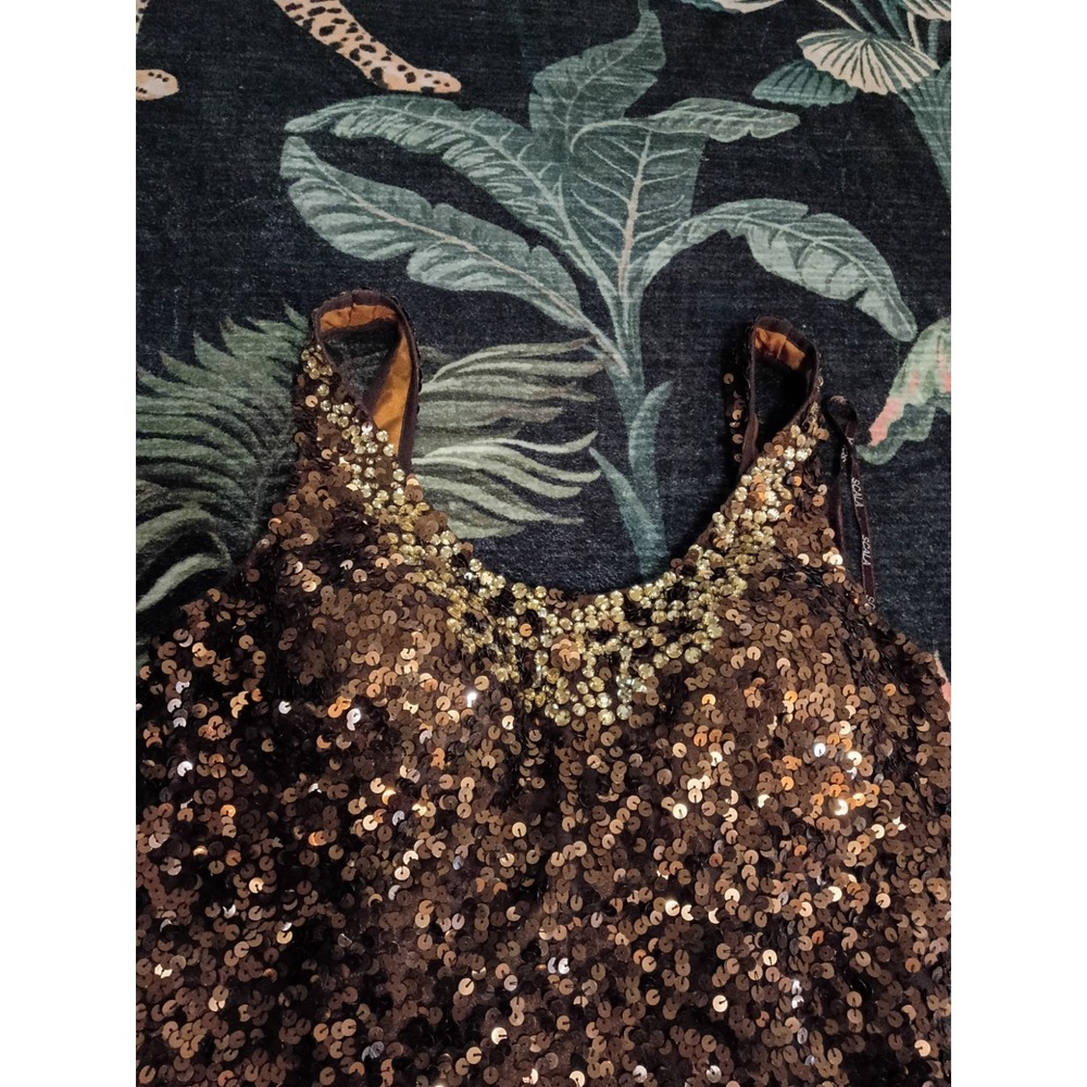 VTG Scala Bronze Gold Sequin Mini Dress Sleeveless Cocktail Party Women 14 Silk - Picture 2 of 7